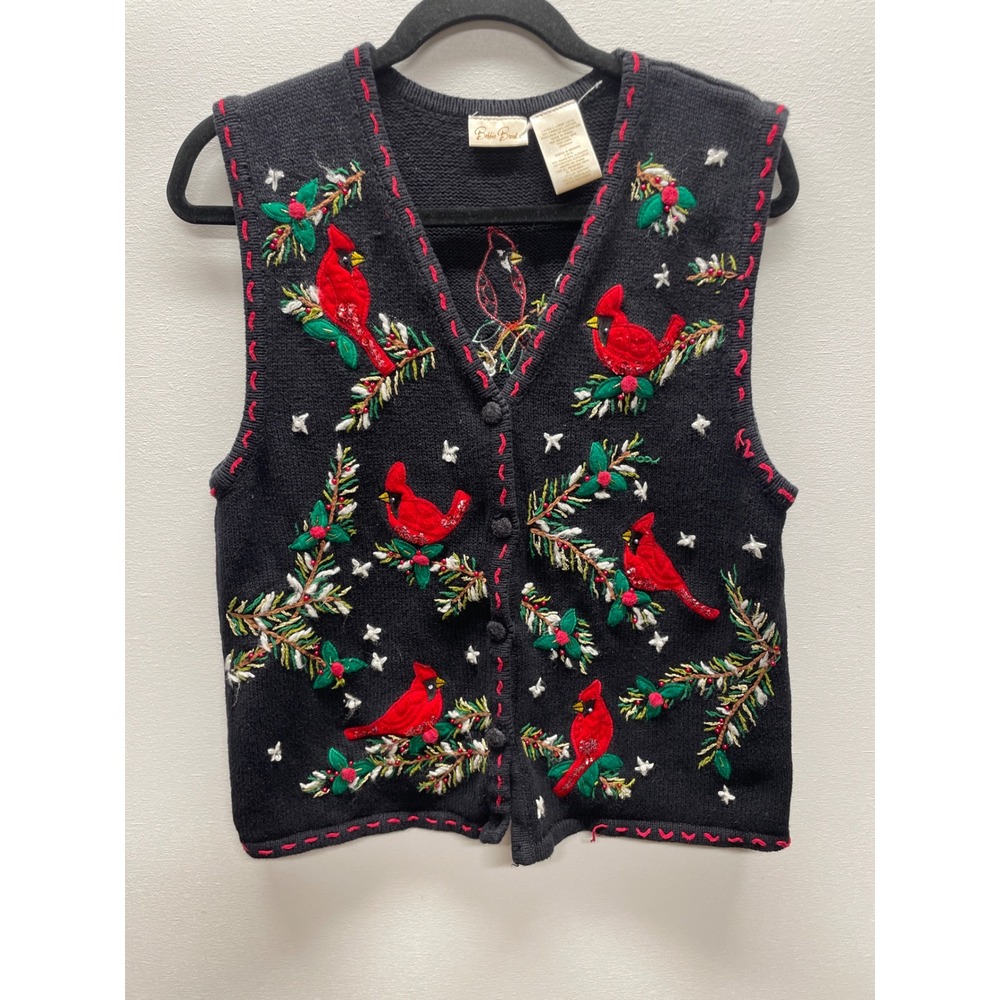 Bobbie Brooks Black Cardinal button down Vest Women Large Ugly Holiday sweater‎